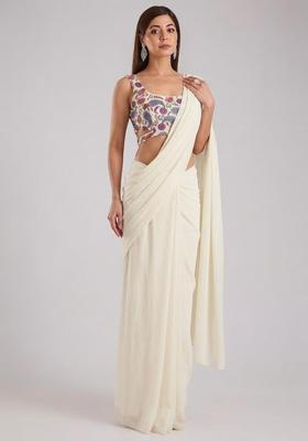 White Printed Crepe Pre Draped Saree Set
