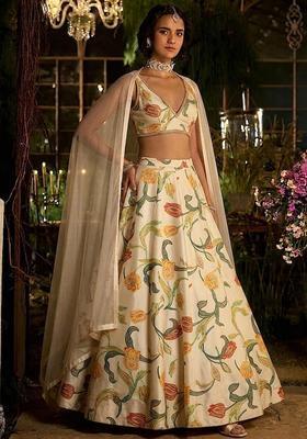 Cream Printed Silk Blend Lehenga Set