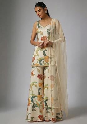 Off White Printed Silk Blend Sharara Set