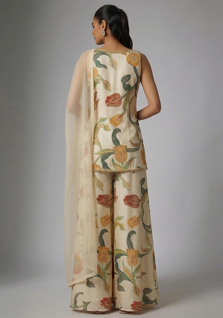 Off White Printed Silk Blend Sharara Set - Indya