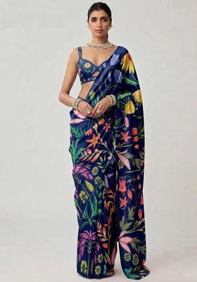 Navy Blue Printed Silk Blend Pre Draped Saree Set