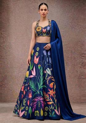 Royal Blue Printed Silk Blend Lehenga Set