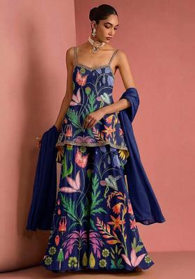 Navy Blue Printed Silk Blend Sharara Set