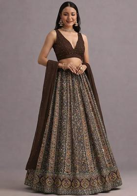 Brown Printed Handwork Lehenga Set