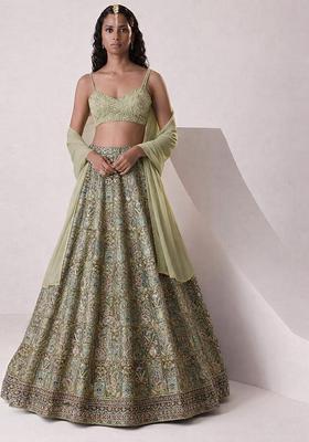 Pista Green Printed Handwork Lehenga Set