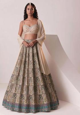 Cream Printed Handwork Lehenga Set