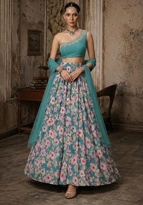 Blue Printed Handwork Lehenga Set