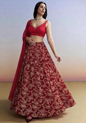 Dark Red Embroidered Handwork Lehenga Set