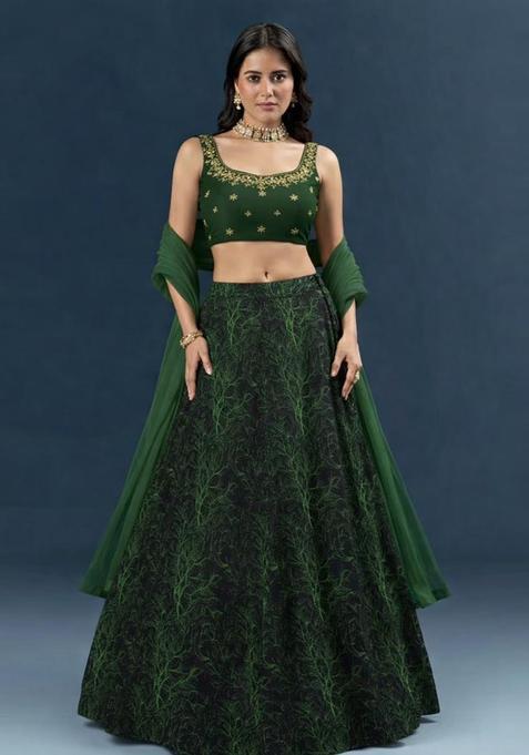 Bottle Green Embroidered Handwork Lehenga Set