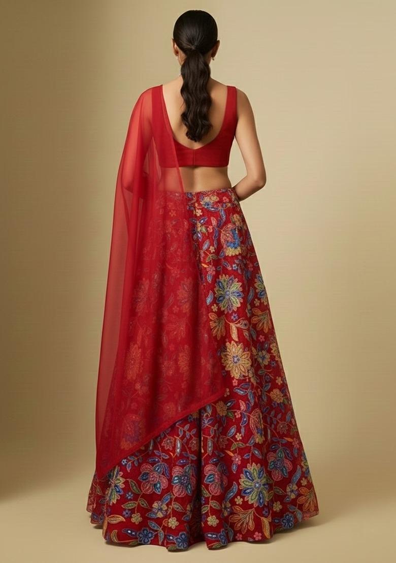 Crimson Red Handwork Lehenga Set - Indya