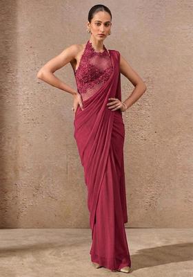 Magenta Pink Embroidered Handwork Pre Draped Saree Set