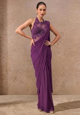 Deep Purple Embroidered Handwork Pre Draped Saree Set