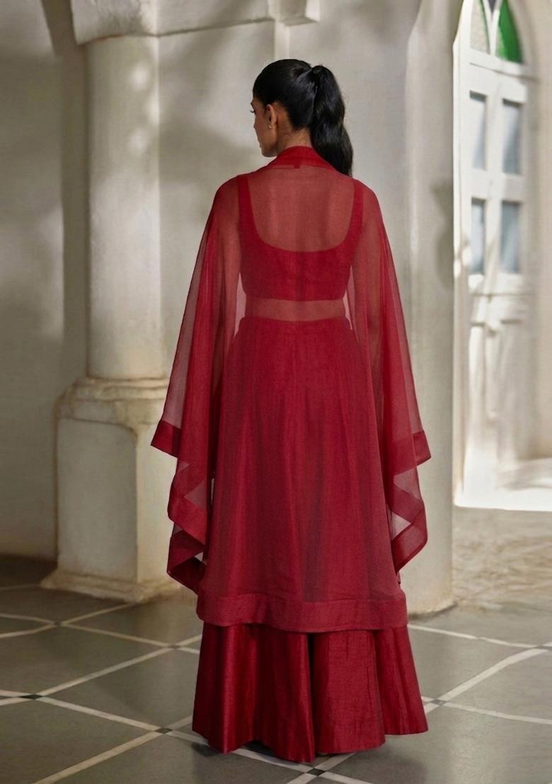 Maroon Red Embroidered Handwork Fusion Set - Indya