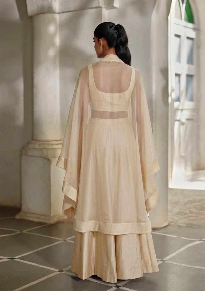 Champagne Beige Embroidered Handwork Fusion Set - Indya
