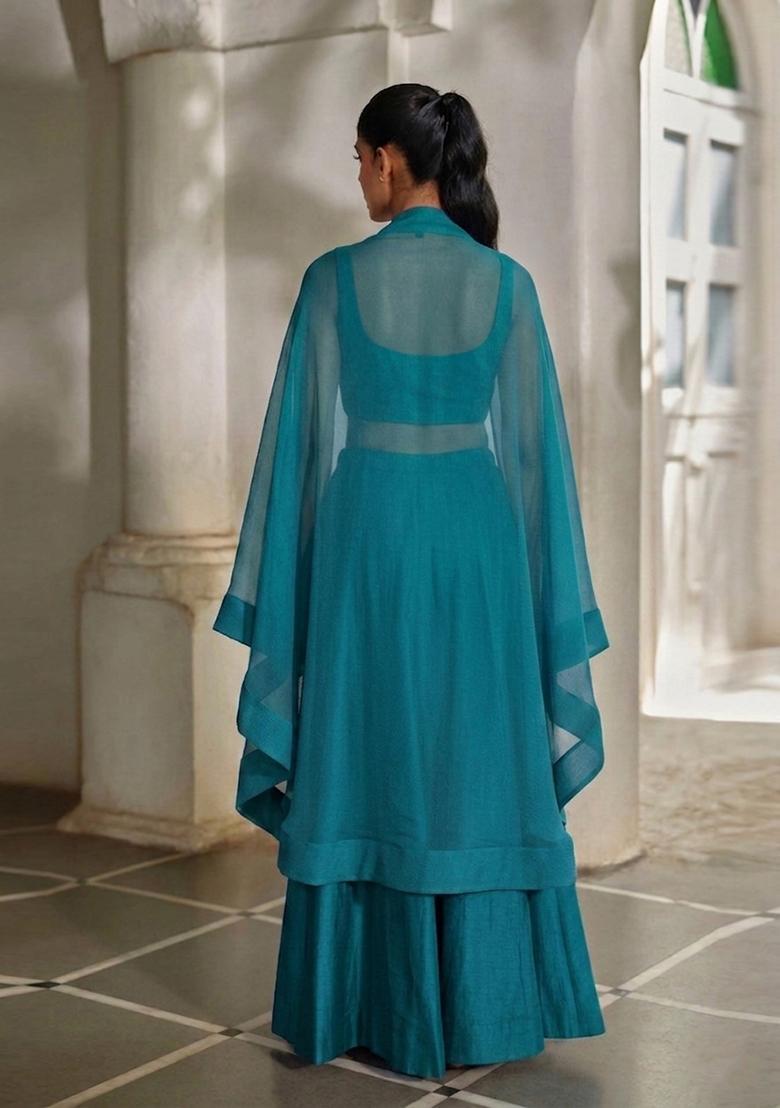 Teal Blue Embroidered Handwork Fusion Set - Indya