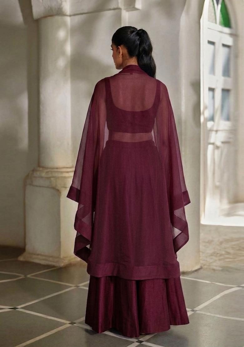 Wine Purple Embroidered Handwork Fusion Set - Indya