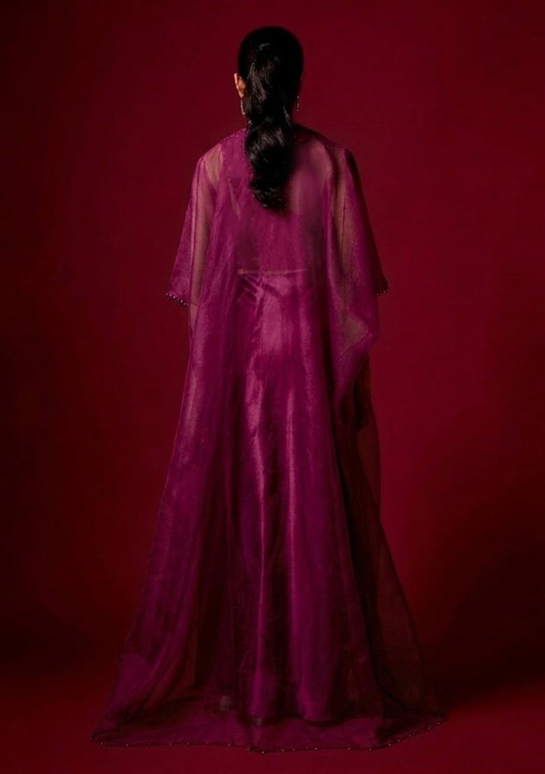 Magenta Purple Embroidered Handwork Fusion Set - Indya