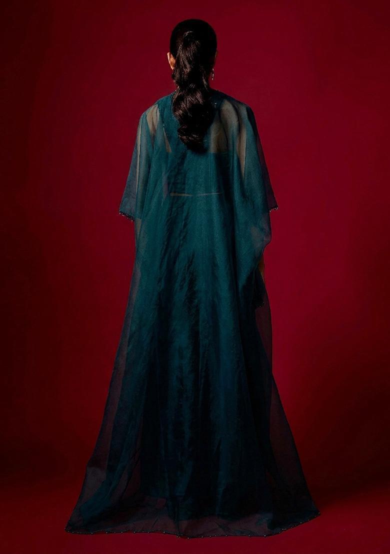 Deep Teal Embroidered Handwork Fusion Set - Indya