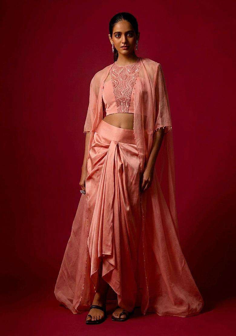 Blush Peach Embroidered Handwork Fusion Set - Indya