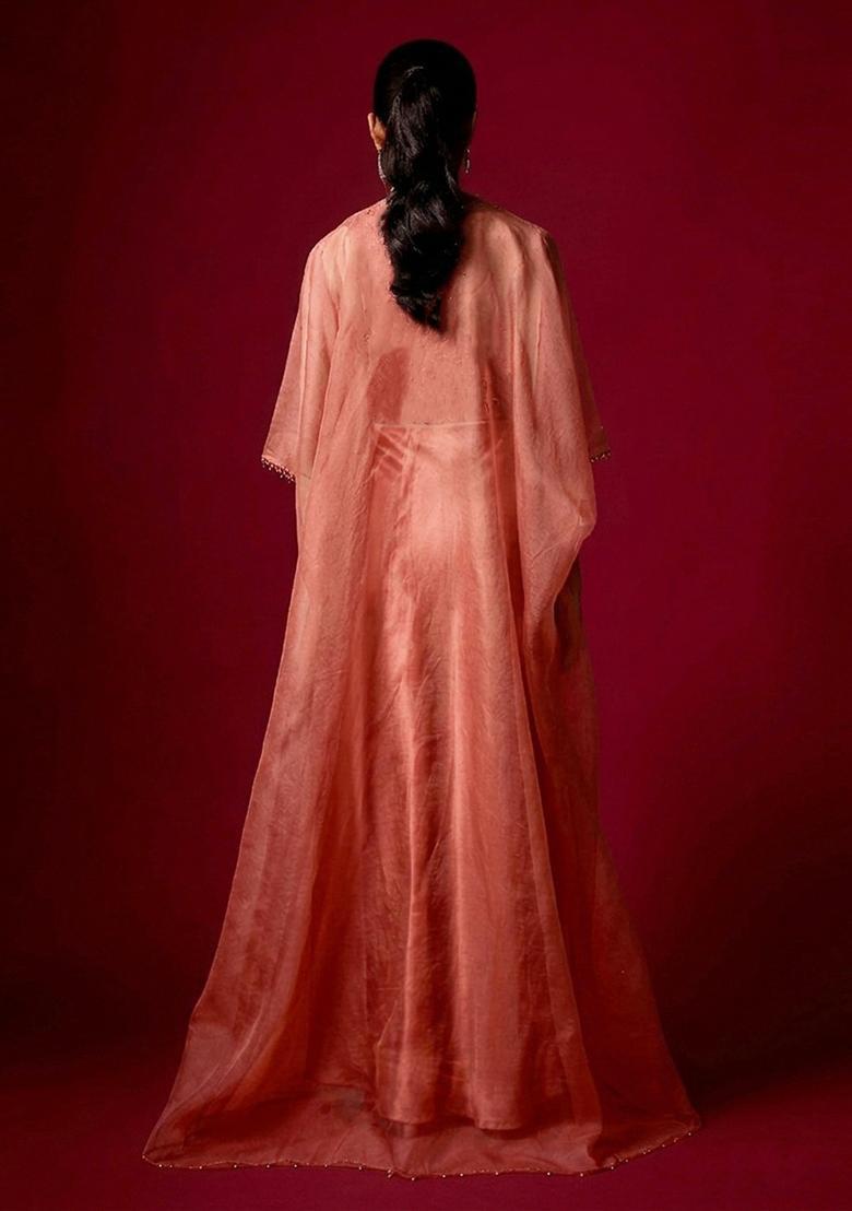 Blush Peach Embroidered Handwork Fusion Set - Indya