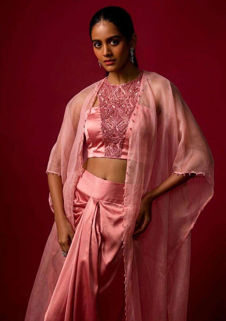 Blush Peach Embroidered Handwork Fusion Set - Indya