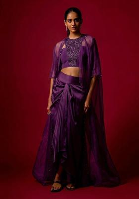 Deep Purple Embroidered Handwork Fusion Set