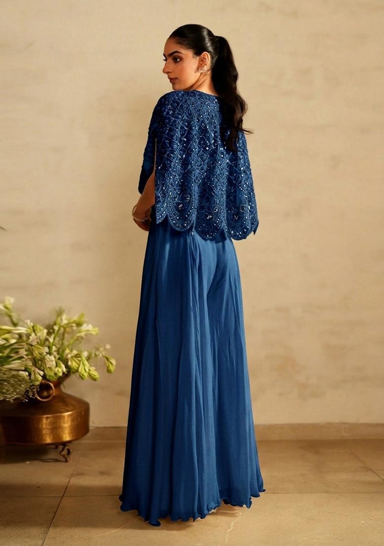 Royal Blue Embroidered Handwork Fusion Set - Indya
