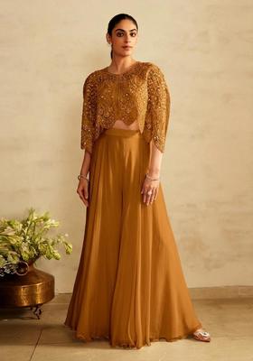Mustard Yellow Embroidered Handwork Fusion Set