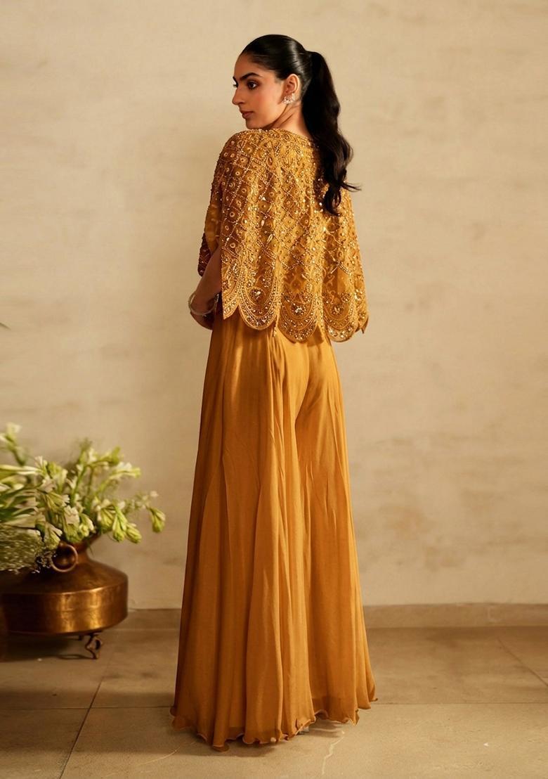 Mustard Yellow Embroidered Handwork Fusion Set - Indya