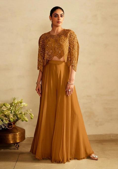 Mustard Yellow Embroidered Handwork Fusion Set