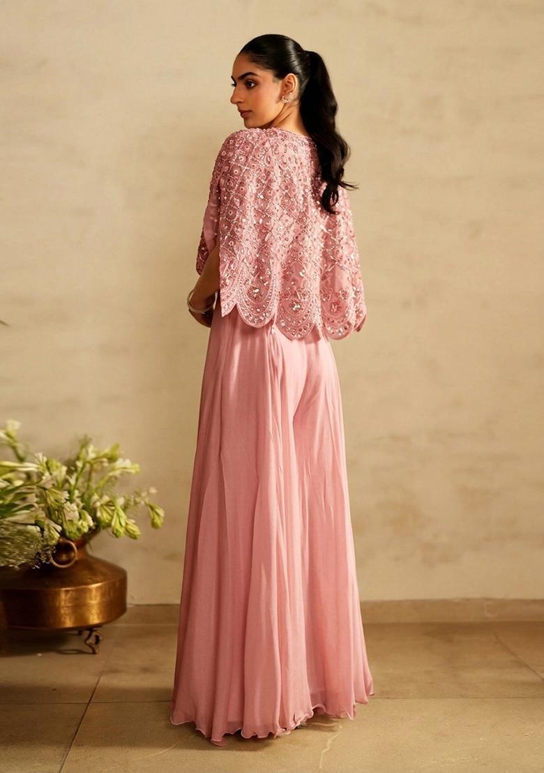 Baby Pink Embroidered Handwork Fusion Set - Indya