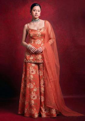 Orange Printed Handwork Georgette Sharara Set