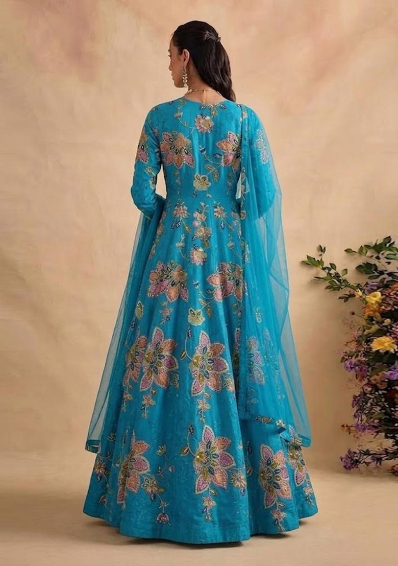 Teal Printed Organza Anarkali with Dupatta - Indya