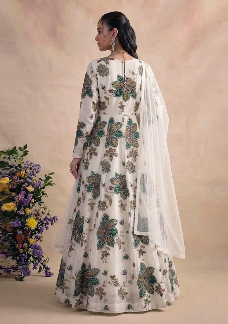 Off White Printed Organza Anarkali with Dupatta - Indya