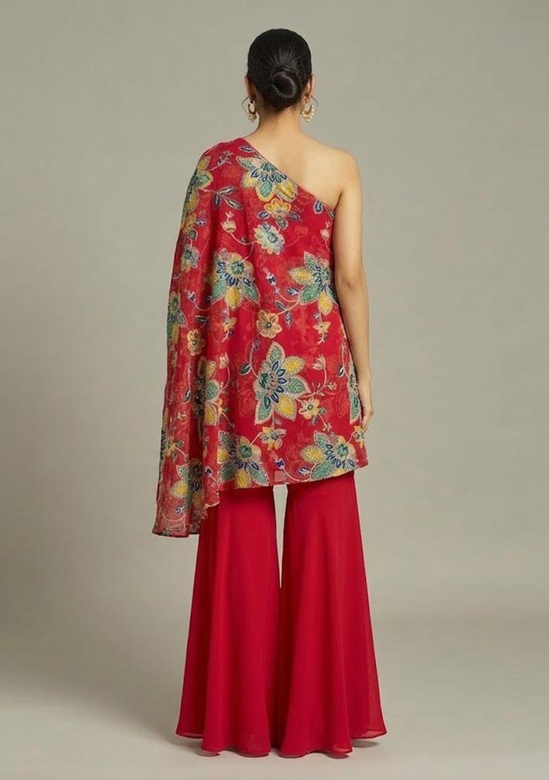 Crimson Red Printed Organza Fusion Set - Indya