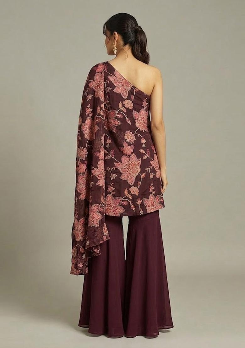 Deep Plum Printed Organza Fusion Set - Indya