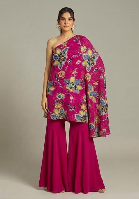 Magenta Pink Printed Organza Fusion Set
