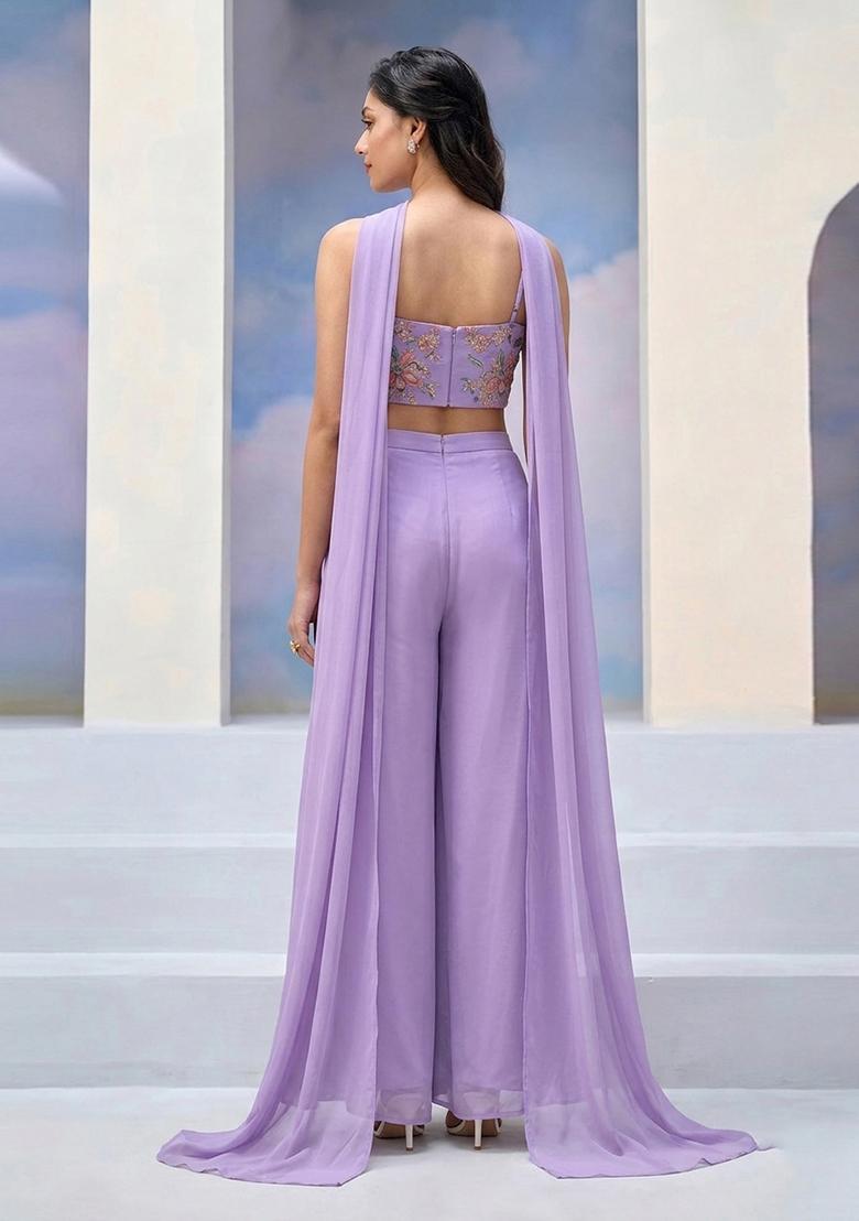 Lilac Embroidered Organza Fusion Set - Indya