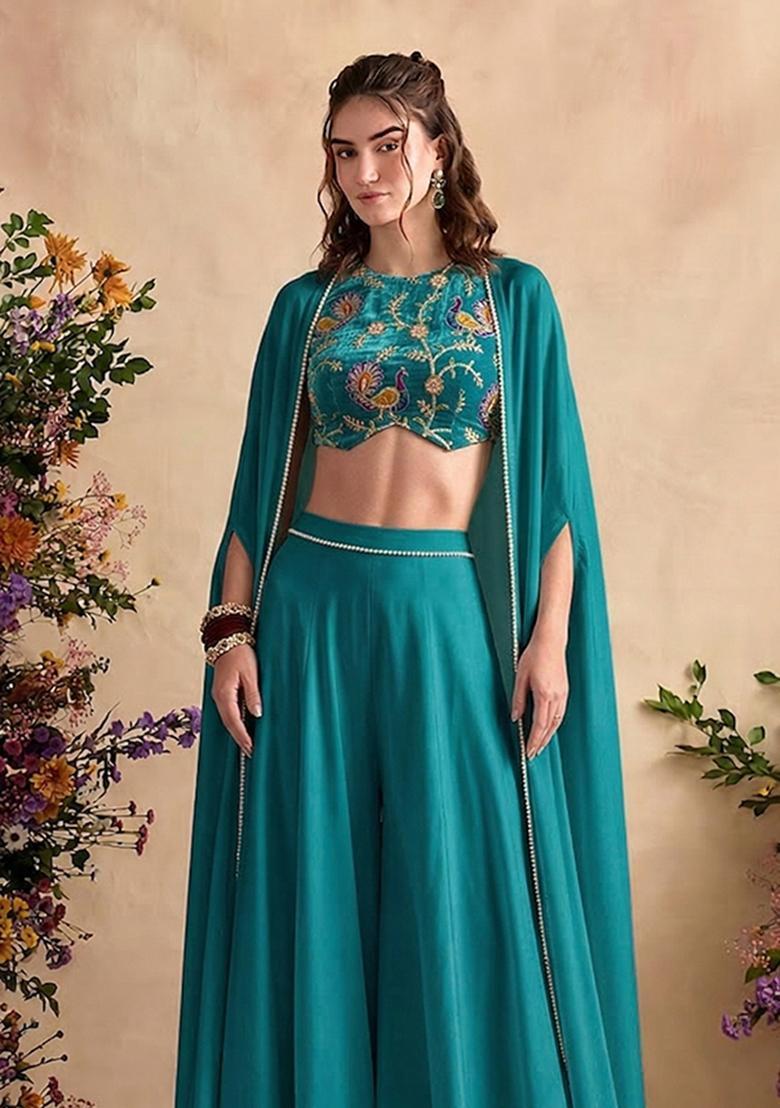 Teal Printed Crepe Fusion Set - Indya