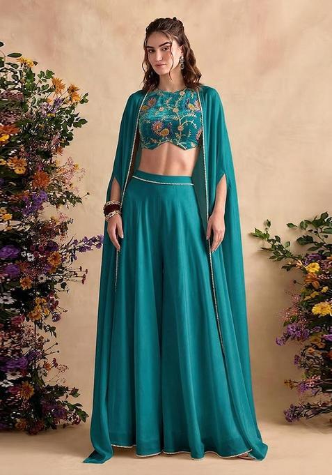 Teal Printed Crepe Fusion Set