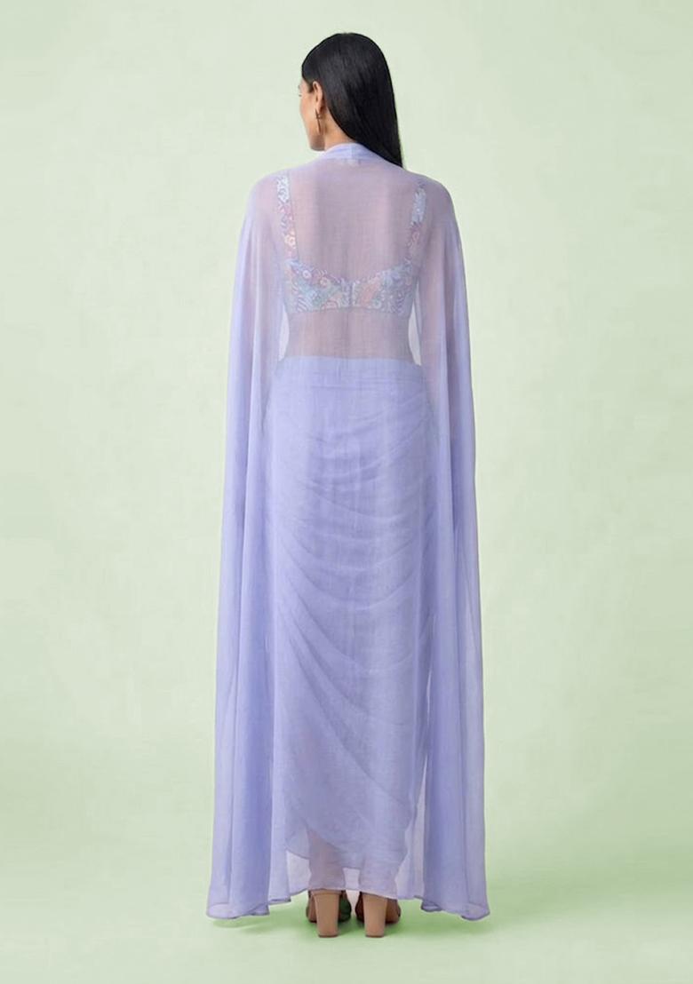Periwinkle Blue Printed Crepe Fusion Set - Indya
