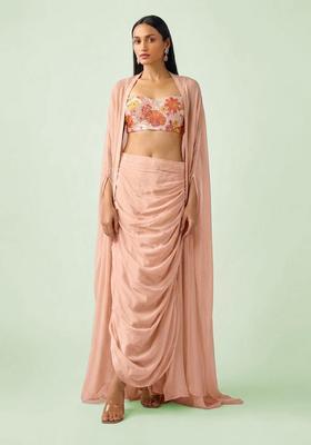 Peach Printed Crepe Fusion Set