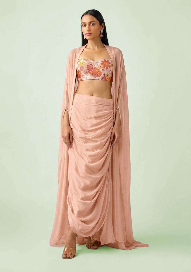 Peach Printed Crepe Fusion Set - Indya