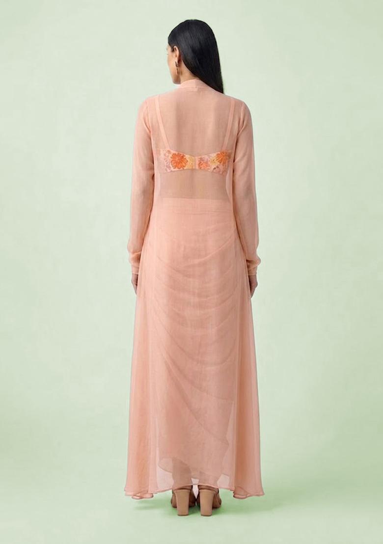 Peach Printed Crepe Fusion Set - Indya