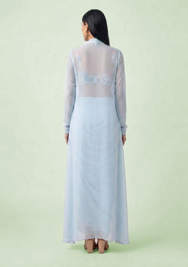 Pastel Blue Printed Crepe Fusion Set - Indya