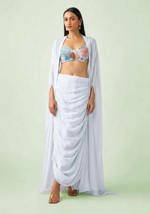 Pastel Blue Printed Crepe Fusion Set