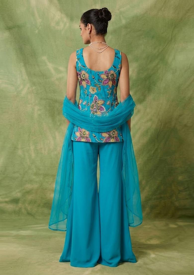Cerulean Teal Printed Organza Sharara Set - Indya