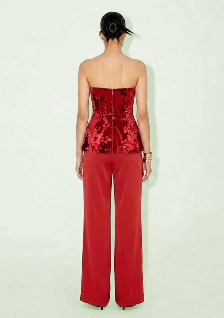 Red Printed Velvet Fusion Set - Indya