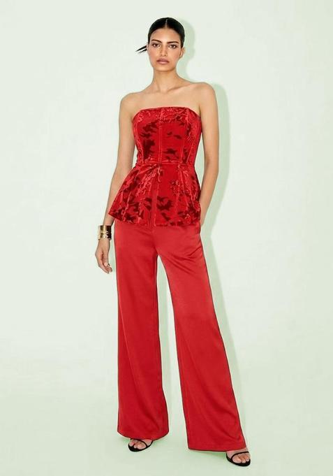 Red Printed Velvet Fusion Set