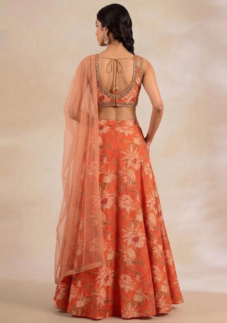 Orange Printed Handwork Georgette Lehenga Set - Indya